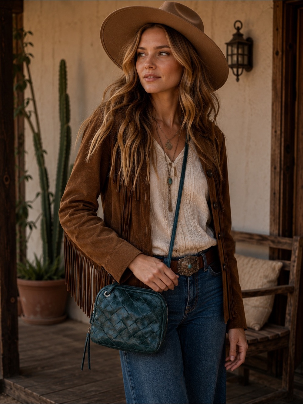 Latico turquoise woven plush distressed leather bag